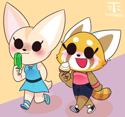 Size: 1794x1687 | Tagged: safe, artist:t-whiskers, fenneko (aggretsuko), retsuko (aggretsuko), canine, fennec fox, fox, mammal, red panda, anthro, aggretsuko, sanrio, 2020, :3, blushing, duo, duo female, female, food, ice cream, ice cream cone, popsicle, smiling