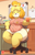 Size: 825x1275 | Tagged: safe, artist:nekocrispy, isabelle (animal crossing), canine, dog, mammal, shih tzu, anthro, animal crossing, nintendo, 2020, big belly, bottomwear, breasts, chair, clothes, eyes closed, fat, female, fur, hair, hair tie, holding, holding object, overweight, sitting, skirt, smiling, solo, solo female, thick thighs, thighs, yellow body, yellow fur