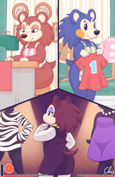 Size: 825x1275 | Tagged: safe, artist:nekocrispy, labelle (animal crossing), mabel (animal crossing), sable (animal crossing), hedgehog, mammal, anthro, animal crossing, nintendo, 2019, apron, clothes, female, group, kemono, naked apron, nudity, partial nudity, patreon logo, quills, trio, watermark