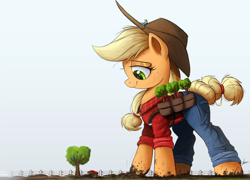 Size: 3000x2164 | Tagged: safe, artist:ncmares, applejack (mlp), rainbow dash (mlp), earth pony, equine, fictional species, mammal, pegasus, pony, feral, friendship is magic, hasbro, my little pony, apple, bottomwear, clothes, cowboy hat, duo, eyes closed, female, fence, food, freckles, fruit, hat, herbivore, high res, macro, micro, pants, size difference, smiling, stetson, tree