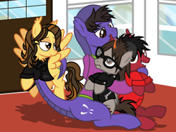 Size: 1600x1200 | Tagged: safe, artist:toyminator900, bat pony, cobra, earth pony, equine, fictional species, hybrid, mammal, pegasus, pony, reptile, snake, snake pony, feral, cobra starship, fall out boy, friendship is magic, gabe saporta, hasbro, mikey way, my chemical romance, my little pony, pete wentz, the academy is..., william beckett, 2020, annoyed, black hair, black mane, black tail, brown eyes, brown hair, brown mane, brown tail, chest fluff, clothes, commission, cutie mark, digital art, door, ear fluff, fangs, feathered wings, feathers, fluff, flying, folded wings, forked tongue, frowning, fur, glasses, grin, group, group hug, hair, hape, hood, hoodie, hooves, hug, jacket, long tail, male, mane, messy mane, ponified, prehensile tail, purple fur, red fur, room, scales, shirt, sitting, slit pupils, smiling, snake tail, snake tongue, stallion, tail, tail hug, tan fur, teeth, tongue, tongue out, topwear, trap, undershirt, window, wings, yellow fur, zipper