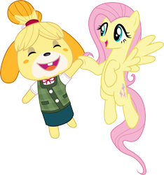 Size: 3000x3210 | Tagged: safe, artist:cloudyglow, fluttershy (mlp), isabelle (animal crossing), canine, dog, equine, fictional species, mammal, pegasus, pony, shih tzu, anthro, animal crossing, friendship is magic, hasbro, my little pony, nintendo, crossover, cute, duo, duo female, feathered wings, feathers, female, females only, high res, mare, on model, simple background, transparent background, vector, wings