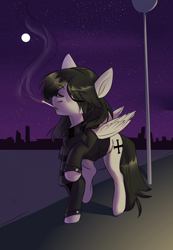 Size: 1920x2778 | Tagged: safe, artist:fire_hyena, equine, fictional species, mammal, pegasus, pony, feral, friendship is magic, gerard way, hasbro, my chemical romance, my little pony, 2020, black hair, black mane, black tail, cigarette, city, cityscape, clothes, commission, cutie mark, digital art, eye through hair, eyebrow through hair, eyebrows, eyes closed, feathered wings, feathers, folded wings, fur, hair, holding, hooves, jacket, male, mane, moon, mouth hold, night, night sky, ponified, raised hoof, raised leg, scarf, sky, smoke, smoking, solo, solo male, stallion, stars, street, tail, tan fur, tattered, tattered wings, topwear, walking, wings, ych result