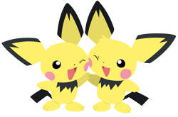 Size: 1109x732 | Tagged: safe, artist:cloudyglow, pichu big (pokémon), pichu brothers (pokémon), pichu little (pokémon), fictional species, mammal, pichu, rodent, semi-anthro, nintendo, pokémon, ambiguous gender, cute, duo, looking at each other, one eye closed, simple background, transparent background, vector, winking