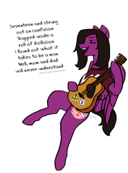 Size: 2592x3508 | Tagged: safe, artist:infrej, equine, fictional species, mammal, pegasus, pony, feral, friendship is magic, green day, hasbro, my little pony, pierce the veil, vic fuentes, 2020, acoustic guitar, brown hair, brown mane, brown tail, clothes, commission, cutie mark, digital art, english text, eyes closed, feathered wings, feathers, feralized, fur, furrified, guitar, hair, high res, holding, hoof hold, hooves, male, mane, musical instrument, open mouth, ponified, purple fur, shirt, simple background, singing, solo, solo male, song reference, stallion, sticker, t-shirt, tail, text, topwear, transparent background, wings, ych result