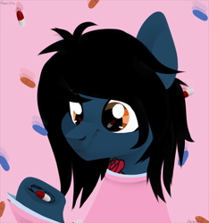 Size: 1500x1600 | Tagged: safe, artist:shiny, earth pony, equine, fictional species, mammal, pony, feral, bring me the horizon, friendship is magic, hasbro, my little pony, oliver sykes, 2020, black hair, black mane, blue fur, brown eyes, bust, clothes, commission, digital art, equestria girls ponified, feralized, fur, furrified, hair, hair over one eye, holding, hoof hold, hooves, long sleeves, looking down, male, mane, messy mane, pills, pink background, ponified, shirt, simple background, solo, solo male, stallion, tattoo, topwear, underhoof, undershirt, ych result
