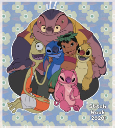 Size: 1251x1392 | Tagged: safe, artist:lullaby of the lost, angel (lilo & stitch), jumba jookiba (lilo & stitch), lilo pelekai (lilo & stitch), reuben (lilo & stitch), stitch (lilo & stitch), wendy pleakley (lilo & stitch), alien, experiment (lilo & stitch), fictional species, human, kweltikwan, mammal, plorgonarian, anthro, humanoid, semi-anthro, disney, lilo & stitch, 2 toes, 2020, 2d, 3 legs, 4 eyes, antennae, belly button, black hair, blue fur, blue nose, buckteeth, child, clothes, colored tongue, ears down, english text, fat, female, fur, group, hair, happy, looking at you, male, midriff, muumuu, obese, on model, one eye, open mouth, open smile, pink fur, purple nose, purple skin, purple tongue, red nose, skin, smiling, tongue, two tongues, yellow fur, young