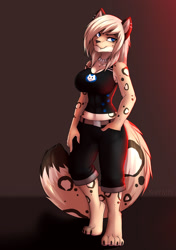 Size: 1800x2560 | Tagged: safe, artist:xaenyth, oc, oc only, big cat, feline, leopard, mammal, snow leopard, anthro, digitigrade anthro, breasts, clothes, female, jewelry, kemono, necklace, solo, solo female