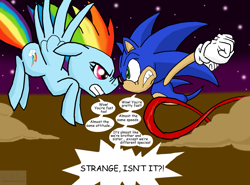 Size: 1571x1160 | Tagged: safe, artist:sonigoku, rainbow dash (mlp), sonic the hedgehog (sonic), equine, fictional species, hedgehog, mammal, pegasus, pony, anthro, feral, friendship is magic, hasbro, my little pony, sega, sonic the hedgehog (series), 2012, crossover, dialogue, duo, female, fighting, male, quills, talking