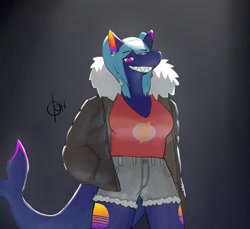 Size: 1800x1650 | Tagged: safe, artist:starliiite, oc, oc only, fish, shark, anthro, bottomwear, clothes, ears, female, fins, fish tail, hair, jacket, pants, shark tail, signature, solo, solo female, synthwave sun, tail, topwear