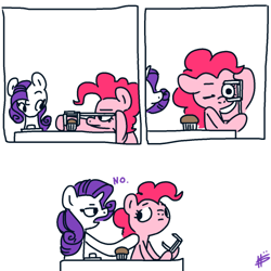 Size: 500x500 | Tagged: safe, artist:hotkoin, pinkie pie (mlp), rarity (mlp), earth pony, equine, fictional species, mammal, pony, unicorn, feral, friendship is magic, hasbro, my little pony, 1:1, calipers, comic, cupcake, female, food, horn, low res, simple background, white background