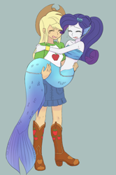 Size: 1275x1920 | Tagged: safe, artist:haibaratomoe, applejack (mlp), rarity (mlp), fictional species, fish, human, mammal, mermaid, humanoid, equestria girls, friendship is magic, hasbro, my little pony, boots, carrying, clothes, crying, duo, duo female, female, females only, fins, gray background, hat, hug, jewelry, shoes, simple background