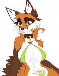 Size: 1606x2048 | Tagged: safe, artist:hiccupsdoesart, oc, oc only, oc:aiden (hiccupsdoesart), canine, fox, mammal, red fox, anthro, big breasts, bikini, breasts, cheek fluff, collar, ear fluff, female, fluff, fur, green eyes, simple background, smiling, solo, solo female, tail, tail fluff, white background, womb tattoo