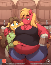 Size: 825x1050 | Tagged: suggestive, artist:nekocrispy, big macintosh (mlp), caramel (mlp), earth pony, equine, fictional species, mammal, pony, anthro, friendship is magic, hasbro, my little pony, anthrofied, barrel, belly grab, big belly, cider, duo, duo male, fat, male, males only, mature, mature male, moobs, shipping, tail