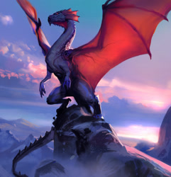 Size: 1920x1989 | Tagged: safe, artist:eli ring, dragon, fictional species, western dragon, feral, ambiguous gender, claws, mountain, red eyes, scenery, scenery porn, solo, solo ambiguous, tail, webbed wings, wings