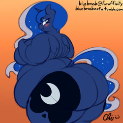 Size: 900x900 | Tagged: suggestive, artist:nekocrispy, princess luna (mlp), alicorn, equine, fictional species, mammal, pony, anthro, comic:luna's halloween, friendship is magic, hasbro, my little pony, 2015, anthrofied, big breasts, blushing, breasts, butt, chubby cheeks, commission, embarrassed, fat, feathered wings, feathers, female, gradient background, horn, huge butt, obese, signature, solo, solo female, tail, weight gain, wings