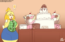 Size: 1275x825 | Tagged: safe, artist:nekocrispy, isabelle (animal crossing), canine, dog, mammal, shih tzu, anthro, comic:secret doggy admirer, animal crossing, nintendo, 2016, banana, banana split, cake, cherry, comic, commission, exclamation point, female, food, fruit, fur, gradient background, hair, hair tie, ice cream, ice cream cone, signature, solo, solo female, surprised, tail, yellow fur