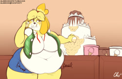 Size: 1275x825 | Tagged: suggestive, artist:nekocrispy, isabelle (animal crossing), canine, dog, mammal, shih tzu, anthro, comic:secret doggy admirer, animal crossing, nintendo, 2016, big belly, big breasts, blush sticker, breasts, cake, clothes, comic, eating, english text, fat, fat fetish, female, food, gradient background, hair, hair tie, hyper, hyper thighs, ice cream, ice cream cone, morbidly obese, obese, onomatopoeia, signature, solo, solo female, text, weight gain