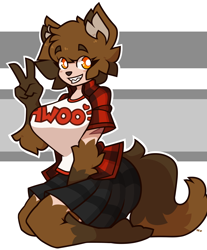 Size: 1450x1750 | Tagged: safe, artist:deepfrieddoodles, oc, oc only, oc:brigitte, canine, mammal, wolf, anthro, digitigrade anthro, amber eyes, bottomwear, clothes, female, gesture, grin, looking at you, sitting, skirt, smiling, solo, solo female, v sign
