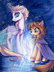 Size: 552x738 | Tagged: safe, artist:imanika, anna (frozen), elsa (frozen), arthropod, butterfly, earth pony, equine, fictional species, insect, mammal, pony, unicorn, feral, disney, friendship is magic, frozen (disney), hasbro, my little pony, cloal, crossover, female, females only, horn, magic, ponified, see-through, siblings, sister, sisters, smiling, species swap, traditional art