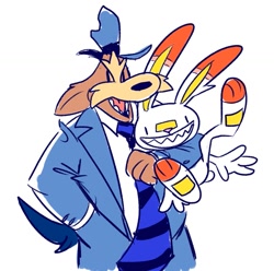 Size: 1051x1044 | Tagged: safe, artist:velvetyf, max (sam & max), sam (sam & max), fictional species, herdier, mammal, scorbunny, anthro, nintendo, pokémon, sam & max, 2019, crossover, duo, duo male, male, males only, simple background, smiling, species swap, starter pokémon, style emulation, tail, white background