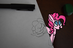Size: 2000x1324 | Tagged: safe, artist:rainbowbacon1, pinkie pie (mlp), earth pony, equine, fictional species, mammal, pony, feral, friendship is magic, hasbro, my little pony, 2020, atg 2020, female, hair, happy, irl, looking up, mare, mixed media, newbie artist training grounds, open mouth, paper, photo, pink hair, pink mane, solo, solo female, tail