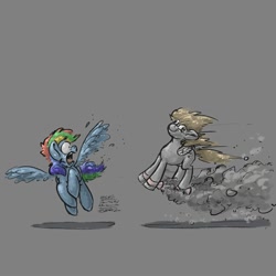 Size: 2000x2000 | Tagged: safe, artist:th3ipodm0n, derpy hooves (mlp), rainbow dash (mlp), equine, fictional species, mammal, pegasus, pony, feral, friendship is magic, hasbro, my little pony, 2020, atg 2020, derp, duo, duo female, dust, feathered wings, feathers, female, folded wings, gray background, high res, mare, newbie artist training grounds, signature, simple background, spread wings, surprised, tail, wings