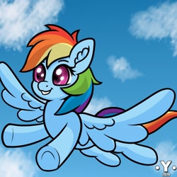 Size: 1280x1280 | Tagged: safe, artist:yelowcrom, rainbow dash (mlp), equine, fictional species, mammal, pegasus, pony, feral, friendship is magic, hasbro, my little pony, 2020, atg 2020, cloud, feathered wings, feathers, female, flying, hair, happy, mare, newbie artist training grounds, rainbow hair, rainbow mane, sky, smiling, solo, solo female, spread wings, tail, wings