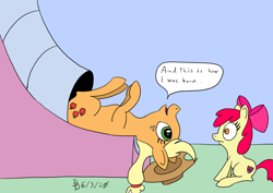 Size: 1920x1358 | Tagged: safe, artist:darkdabula, apple bloom (mlp), applejack (mlp), earth pony, equine, fictional species, mammal, pony, feral, friendship is magic, hasbro, my little pony, 2020, atg 2020, bow, clothes, dialogue, duo, duo female, female, freckles, hair bow, hat, mare, newbie artist training grounds, slide, speech bubble, tail, talking, wide eyes