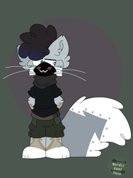 Size: 1620x2160 | Tagged: safe, artist:nordicgoat, oc, oc:sammy, cat, feline, mammal, anthro, plantigrade anthro, angry, clothes, face mask, fluff, looking at something, male, simple background, solo, solo male, tail, tail fluff, watermark