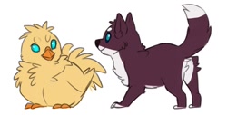 Size: 794x402 | Tagged: safe, artist:kimboltart, bird, canine, chocobo, dog, fictional species, mammal, feral, final fantasy, 2017, ambiguous gender, duo, looking at each other, simple background, white background