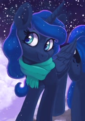 Size: 1920x2715 | Tagged: safe, artist:pucksterv, princess luna (mlp), alicorn, equine, fictional species, mammal, pony, feral, friendship is magic, hasbro, my little pony, 2019, clothes, commission, female, horn, looking at you, scarf, signature, simple background, snow, solo, solo female, sparkly eyes, sparkly hair, sparkly mane, sparkly tail, wingding eyes, winter