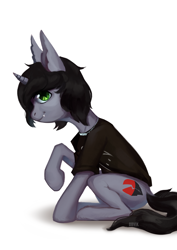 Size: 2480x3508 | Tagged: safe, artist:obvi, equine, fictional species, mammal, pony, unicorn, feral, friendship is magic, hasbro, kellin quinn, my little pony, sleeping with sirens, 2020, brown hair, brown mane, brown tail, clothes, commission, curved horn, cutie mark, digital art, disguise, disguised siren, ear fluff, fangs, feralized, fluff, fur, furrified, gray fur, green eyes, hair, high res, hooves, horn, jewelry, looking at you, male, mane, necklace, ponified, profile, raised hoof, shirt, side view, signature, simple background, sitting, slit pupils, smiling, solo, solo male, spiral horn, stallion, t-shirt, tail, teeth, topwear, watermark, white background, ych result