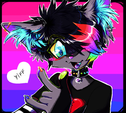 Size: 864x775 | Tagged: character needed, safe, artist:rawrze, oc, oc only, canine, fox, mammal, sparkle dog, anthro, abstract background, bisexual pride flag, blushing, collar, cute, cyan eyes, ear fluff, flag, fluff, glamfur, gradient background, hair, kemono, looking at you, male, ocbetes, one eye closed, paw pads, paws, pride, pride flag, rainbow hair, scene fashion, solo, solo male, text, winking