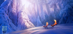 Size: 1200x560 | Tagged: safe, artist:ailah, canine, fox, mammal, red fox, feral, lifelike feral, ambiguous gender, duo, non-sapient, paws, realistic, scenery, scenery porn, snow, tail, watermark, winter