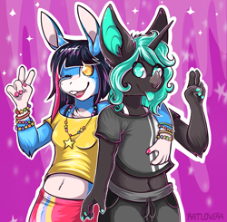 Size: 2471x2426 | Tagged: safe, artist:ratlovera, download (lapfox), emma essex (lapfox), bat, donkey, equine, mammal, anthro, lapfox trax, abstract background, amber eyes, cute, duo, female, green eyes, high res, horn, looking at each other, male, mtf transgender, signature, transgender