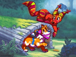 Size: 1024x771 | Tagged: safe, artist:ratlovera, bandetto (lapfox), the quick brown fox (lapfox), canine, dog, fox, mammal, feral, disney, lapfox trax, the fox and the hound, 2019, black eyes, crossover, cute, duo, duo male, ear fluff, feralized, fluff, inflatable toy, looking at each other, male, males only, paws, pinata