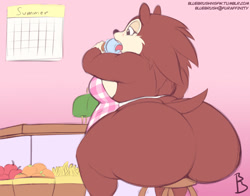 Size: 1050x825 | Tagged: suggestive, artist:nekocrispy, sable (animal crossing), hedgehog, mammal, anthro, comic:sable through the seasons, animal crossing, nintendo, 2016, apple, apron, banana, basket, belly, big belly, big breasts, breasts, butt, calendar, clothes, commission, eating, fat, female, food, fruit, gradient background, huge butt, ice cream, ice cream cone, licking, naked apron, nudity, obese, orange, partial nudity, quills, signature, solo, solo female, stool, table, tail, tongue, tongue out, weight gain