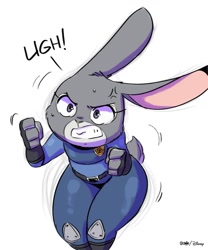 Size: 1064x1280 | Tagged: safe, artist:joaoppereiraus, judy hopps (zootopia), lagomorph, mammal, rabbit, anthro, disney, zootopia, angry, cross-popping veins, dialogue, female, fist, gritted teeth, kemono, police uniform, simple background, solo, solo female, tail, talking, teeth, vein, white background