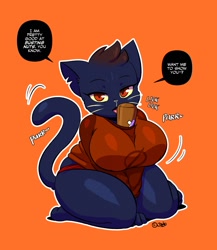 Size: 1113x1280 | Tagged: suggestive, artist:joaoppereiraus, mae borowski (nitw), cat, feline, mammal, anthro, night in the woods, baseball bat, big breasts, breasts, clothes, dialogue, english text, female, licking, lidded eyes, looking at you, onomatopoeia, orange background, panties, purring, signature, simple background, solo, solo female, t-shirt, tail, talking, text, thick thighs, thighs, tongue, tongue out, topwear, underwear