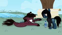 Size: 1920x1080 | Tagged: safe, artist:toyminator900, earth pony, equine, fictional species, fish, mammal, pony, seapony, undead, zombie, zombie pony, feral, bring me the horizon, friendship is magic, hasbro, jordan fish, my little pony, oliver sykes, 16:9, 2020, beard, bench, blue eyes, blue fur, bone, brown eyes, brown hair, brown mane, brown tail, clothes, colored pupils, commission, cutie mark, digital art, facial hair, fangs, fins, fish tail, frowning, fur, glasgow smile, grass, hair, jewelry, long sleeves, looking down, magenta skin, male, mane, necklace, pond, reaching, scar, shirt, sky, stitches, stranded, struggling, tail, tattoo, teeth, this will end in death, topwear, torn ear, tree, wallpaper, water bottle