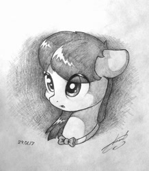 Size: 1032x1184 | Tagged: safe, artist:freeedon, octavia melody (mlp), earth pony, equine, fictional species, mammal, pony, feral, friendship is magic, hasbro, my little pony, 2017, black and white, bow tie, clothes, female, grayscale, mare, monochrome, pencil drawing, signature, simple background, solo, solo female, tail, white background