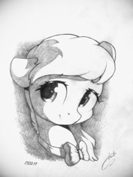 Size: 742x983 | Tagged: safe, artist:freeedon, oc, oc only, oc:silver beam, earth pony, equine, fictional species, mammal, pony, feral, friendship is magic, hasbro, my little pony, 2017, black and white, bow tie, bust, clothes, female, grayscale, mare, monochrome, pencil drawing, signature, simple background, smiling, solo, solo female, traditional art, white background