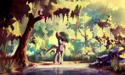 Size: 3000x1800 | Tagged: safe, artist:freeedon, oc, oc only, equine, fictional species, mammal, pegasus, pony, feral, friendship is magic, hasbro, my little pony, 2017, commission, forest, happy, high res, male, rock, scenery, scenery porn, smiling, solo, solo male, spread wings, stallion, tail, technical advanced, tree, water, wings
