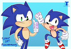 Size: 2877x2000 | Tagged: safe, artist:t-whiskers, sonic the hedgehog (sonic), hedgehog, mammal, anthro, plantigrade anthro, sega, sonic the hedgehog (series), 2020, anniversary, cyan background, duo, duo male, english text, high res, male, males only, quills, self paradox, smiling, text, thumbs up, watermark