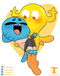 Size: 1498x1900 | Tagged: safe, artist:t-whiskers, gumball watterson (tawog), penny fitzgerald (tawog), cat, fairy, feline, fictional species, mammal, anthro, cartoon network, the amazing world of gumball, 2020, blushing, bridal carry, carrying, duo, eyes closed, female, heart, hug, male, male/female, shipping, simple background, tail, watermark, white background