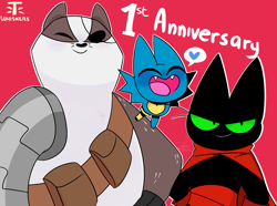 Size: 2683x2000 | Tagged: safe, artist:t-whiskers, adorabat (mao mao), badgerclops (mao mao), mao mao (mao mao), badger, bat, cat, feline, mammal, mustelid, anthro, mao mao: heroes of pure heart, 2020, anniversary, cape, cybernetics, english text, eyepatch, eyes closed, female, group, heart, high res, male, red background, signature, simple background, smiling, text, trio, watermark