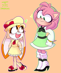 Size: 2023x2427 | Tagged: safe, artist:t-whiskers, amy rose (sonic), cream the rabbit (sonic), hedgehog, lagomorph, mammal, rabbit, anthro, plantigrade anthro, sega, sonic the hedgehog (series), 2020, clothes, commission, dress, duo, duo female, female, gloves, heart, high res, quills, watermark