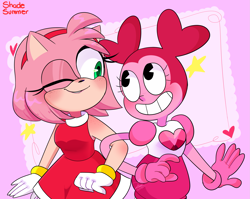 Size: 2259x1798 | Tagged: safe, artist:t-whiskers, amy rose (sonic), spinel (steven universe), alien, fictional species, gem (steven universe), hedgehog, mammal, anthro, humanoid, cartoon network, sega, sonic the hedgehog (series), steven universe, spoiler, spoiler:steven universe, spoiler:steven universe: the movie, 2020, clothes, crossover, default spinel (steven universe), duo, duo female, female, gem, gloves, heart, looking at each other, one eye closed, pink, quills, signature, spinel, steven universe: the movie, winking