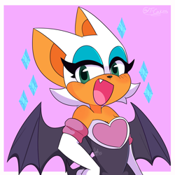 Size: 2004x2000 | Tagged: safe, artist:t-whiskers, rouge the bat (sonic), bat, mammal, anthro, sega, sonic the hedgehog (series), 2020, bat wings, clothes, evening gloves, female, fur, gloves, high res, long gloves, looking at you, pink background, simple background, solo, solo female, webbed wings, white fur, wings